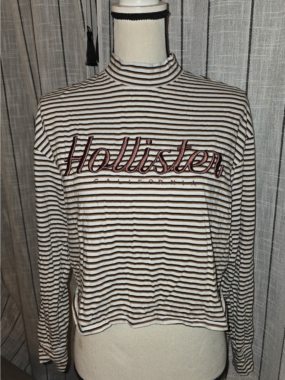 Hollister Cream & Brown Striped Mock-Neck Crop Top with Maroon Logo